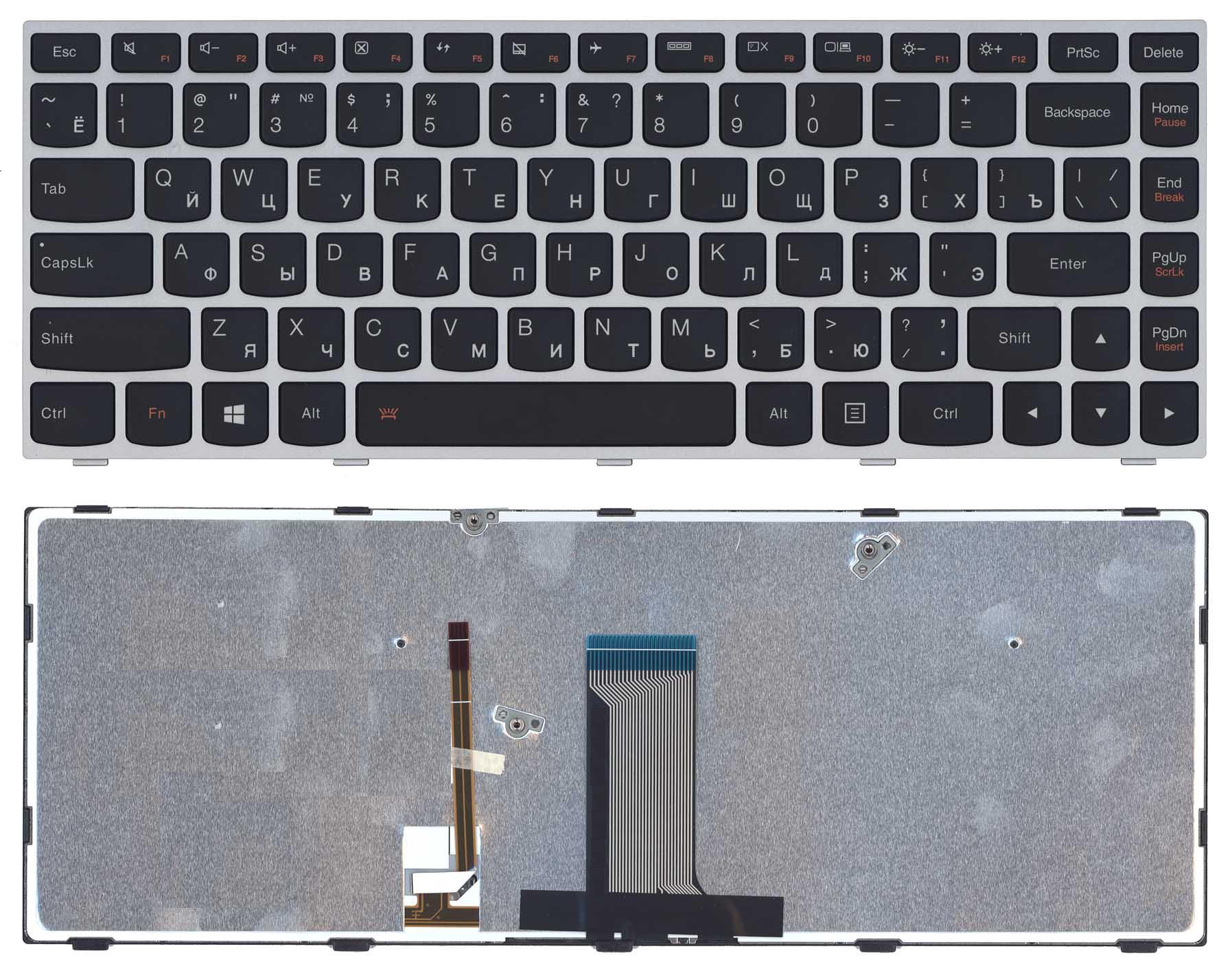 Клавиатура для ноутбука Lenovo Flex 2-14 G40-30 G40-70 черная с серебристой рамкой с подсветкой